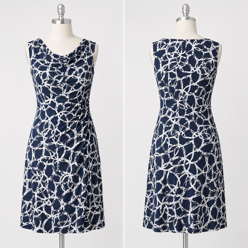 Anne Klein Sheath Dress 8 grey Blue White Abstract Cowl Neck Ruched Sleeveless